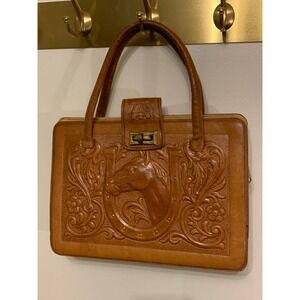 Vintage Tooled Leather Horse Horseshoe Handbag Tan Western Boho